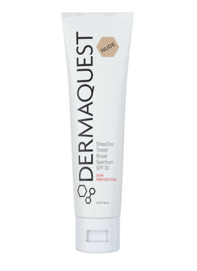 Tinted sunscreen in Nude shade with broad-spectrum SPF, Zinc Oxide, and Vitamin C for all skin types.