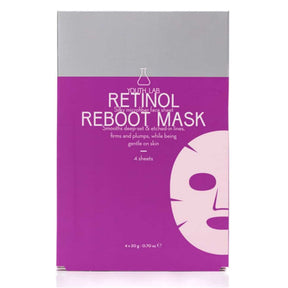 A rectangular skincare box for Youth Lab Retinol Reboot Mask, featuring a bright purple lower section with white text and a pale pink sheet-mask illustration, and a light gray top section.