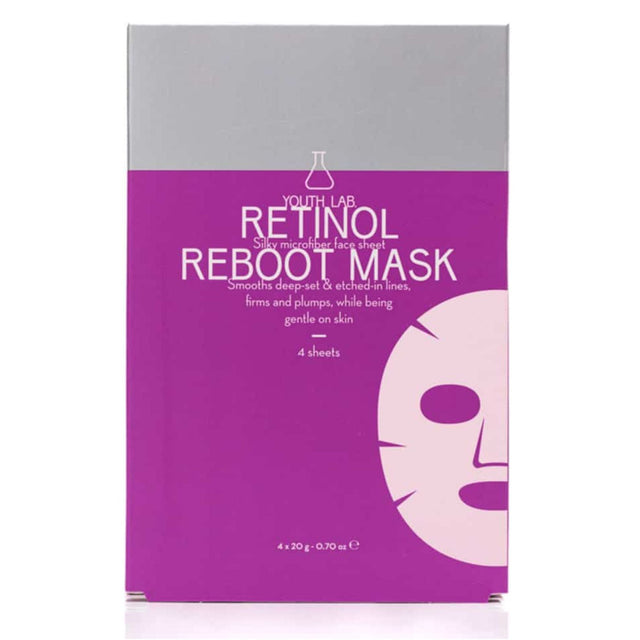 A rectangular skincare box for Youth Lab Retinol Reboot Mask, featuring a bright purple lower section with white text and a pale pink sheet-mask illustration, and a light gray top section.
