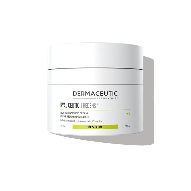 A white cosmetic jar of Dermaceutic Hyal Ceutic | Redens Restore cream, shown on a clean white background with a soft shadow.