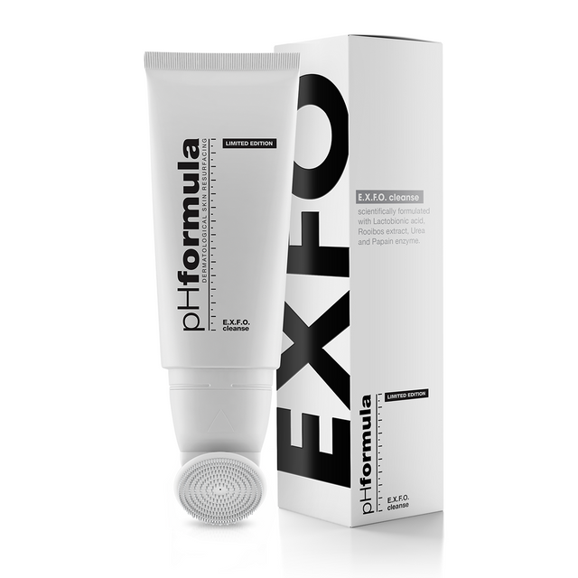 pHformula EXFO Cleanse with new detachable exfoliating brush head; enzyme-based cleanser with papain, Lactobionic Acid, Pro-vitamin B5, and Rooibos extract for gentle exfoliation, hydration, and antioxidant protection