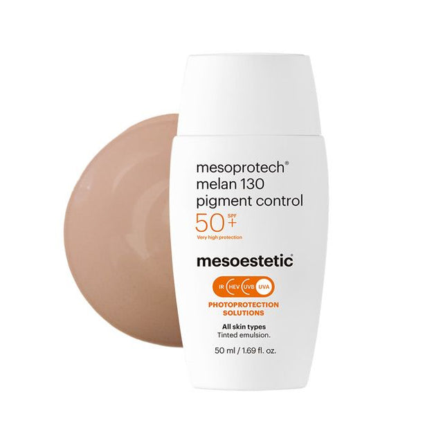 Mesoestetic melan 130 pigment control cream with a swatch of color on a white background
