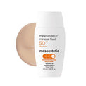 Mesoestetic mineral fluid SPF 50 with a swatch on a white background