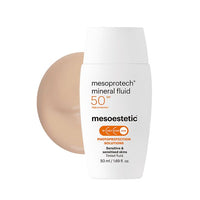 Mesoestetic mineral fluid SPF 50 with a swatch on a white background