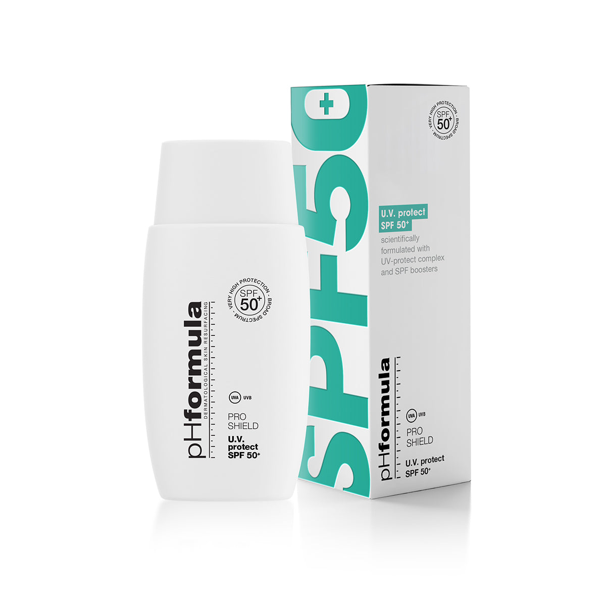 pHformula U.V. Protect SPF 50+ PRO SHIELD broad-spectrum facial sunscreen SPF 50+ for daily UV protection against photo-ageing and pigmentation.