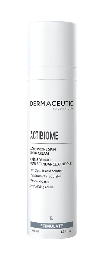 Keratolytic night cream for acne treatment with glycolic acid to stimulate cell renewal.