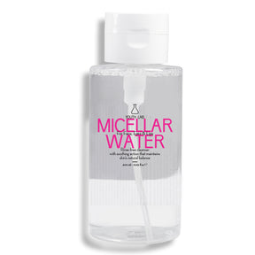 Clear micellar water bottle with clean, minimalist design on a white background