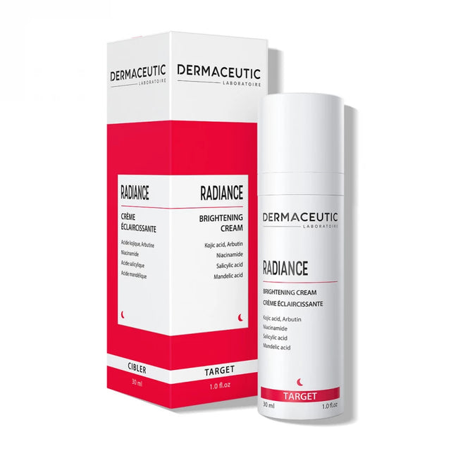 Brightening cream with kojic acid, arbutin, and niacinamide to reduce dark spots and improve texture.